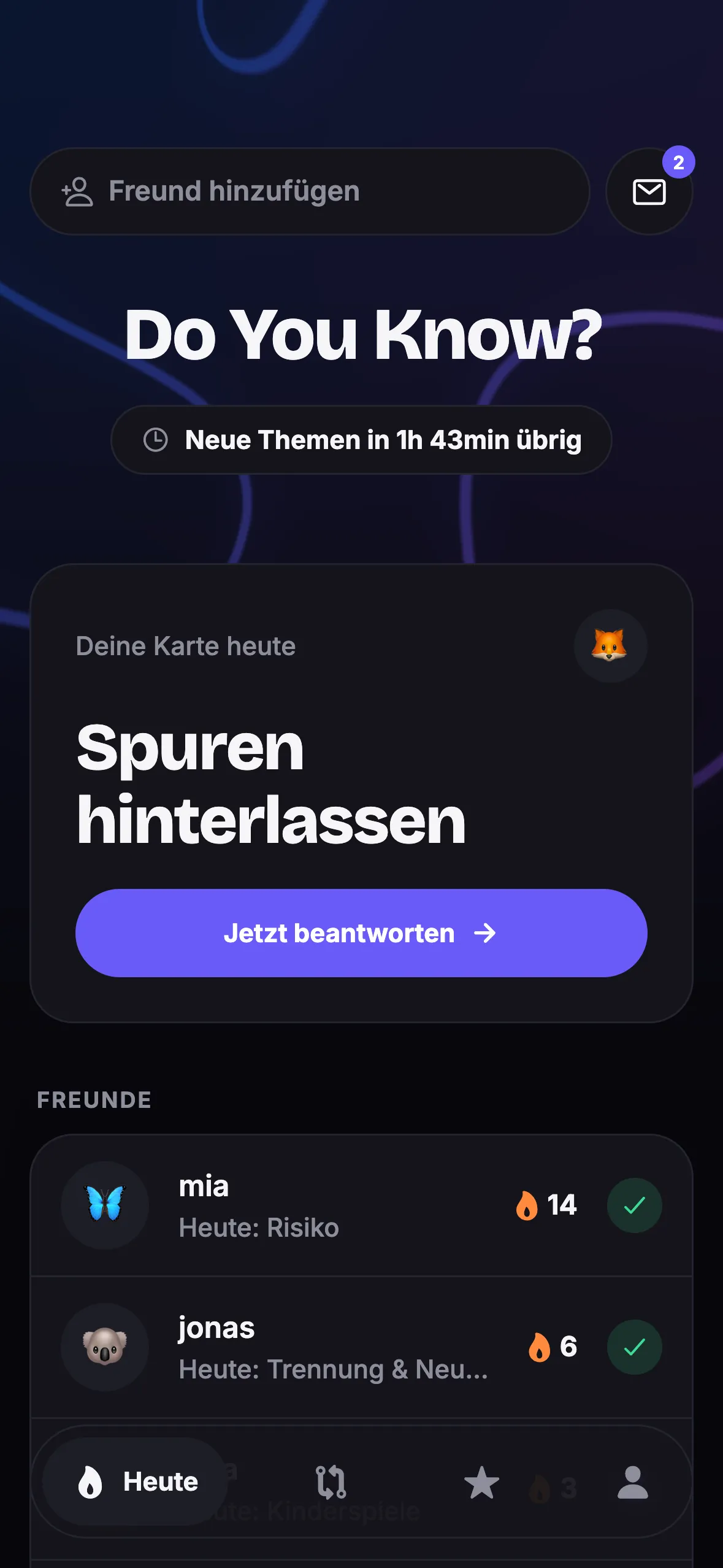 The DoYouKnow home screen with the daily card and friends